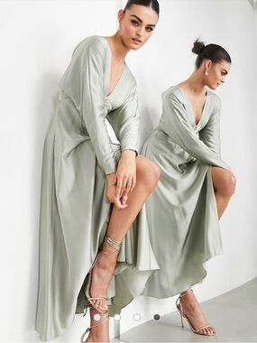 ASOS Edition Satin Wrap High-Low Maxi Lattice back Dress in Sage size 8